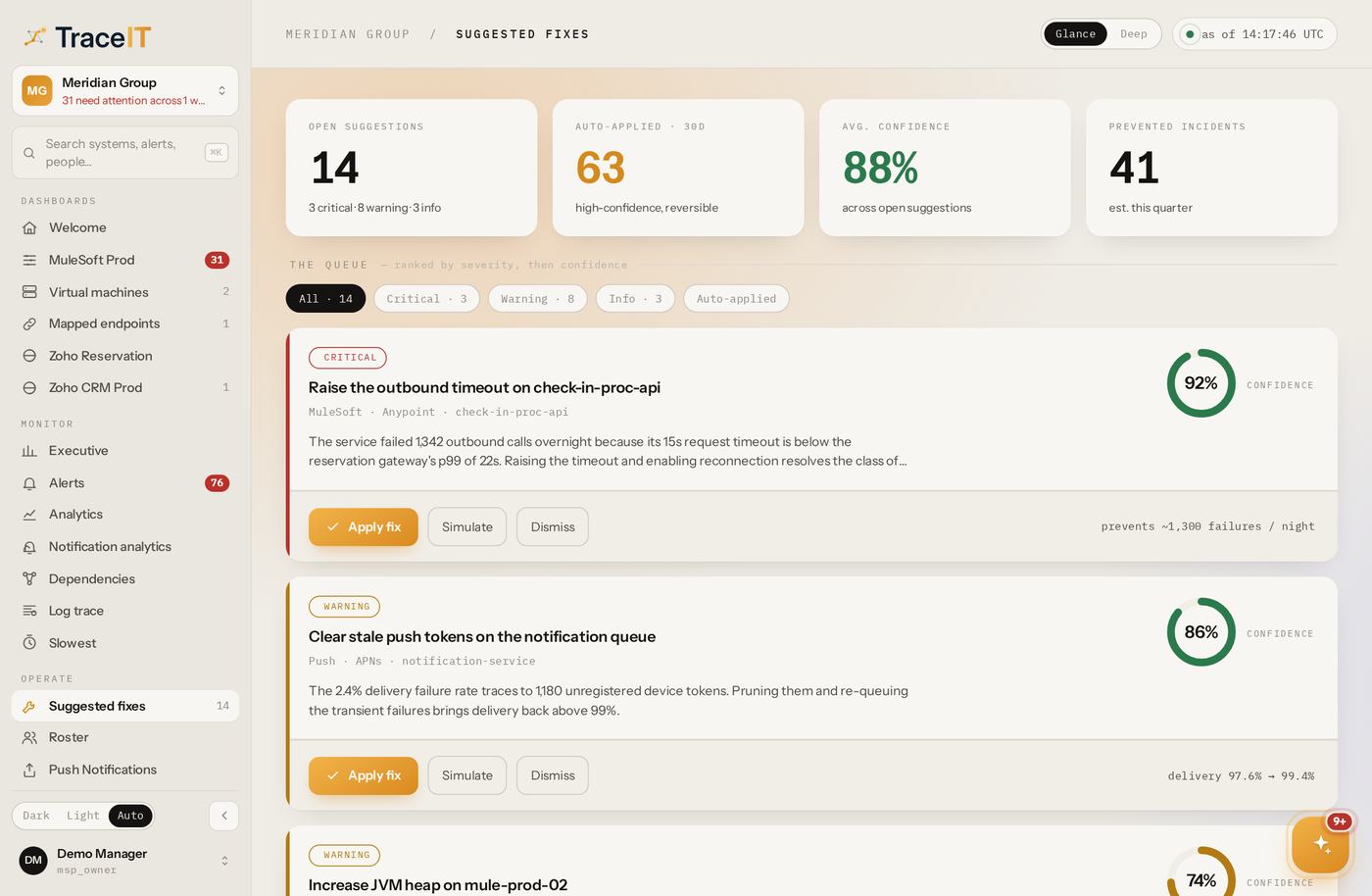 TraceIT — Suggested fixes, shown with demonstration data